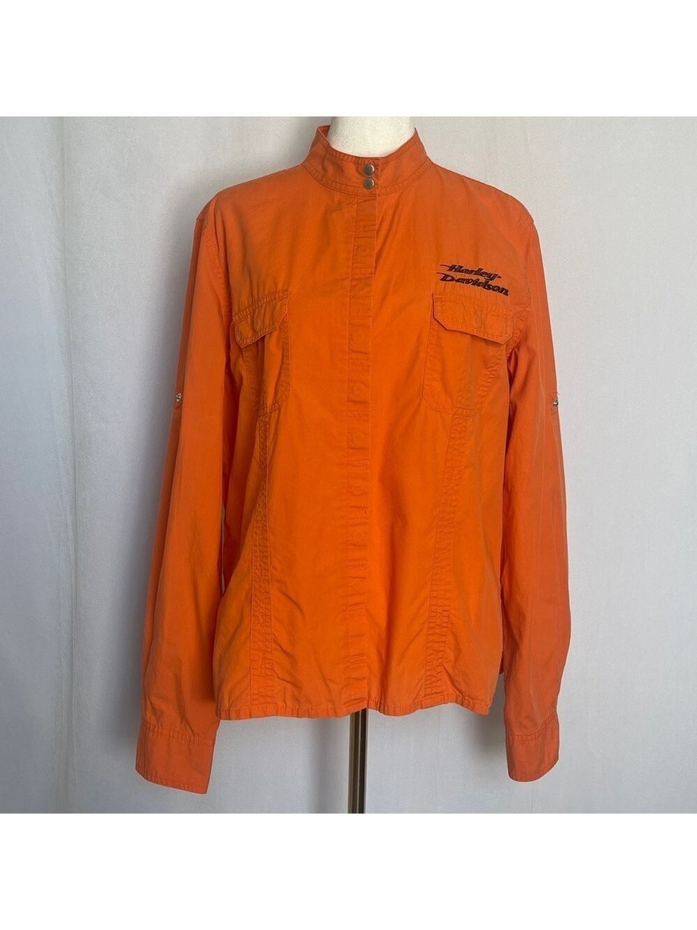 Harley Davidson Women's Embroidered Snap Front Shirt Size XL Orange Long Sleeve